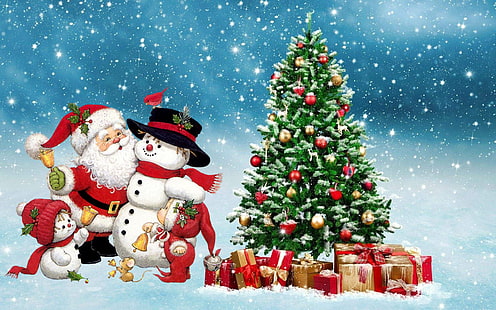 Счастливого Рождества, Санта-Снеговик, Зимняя ёлка, Украшения, Подарки, Праздничный фон, HD 1920 × 1200, HD обои HD wallpaper