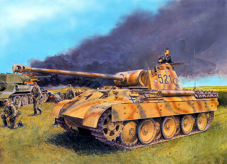 German Panzer illustration, field, fire, flame, smoke, art, Panther, soldiers, tank, German, Panzerkampfwagen, burning, T-34-76, The great Patriotic war, HD wallpaper