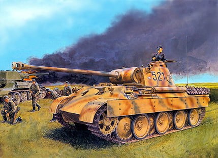 German Panzer illustration, field, fire, flame, smoke, art, Panther, soldiers, tank, German, Panzerkampfwagen, burning, T-34-76, The great Patriotic war, HD wallpaper HD wallpaper