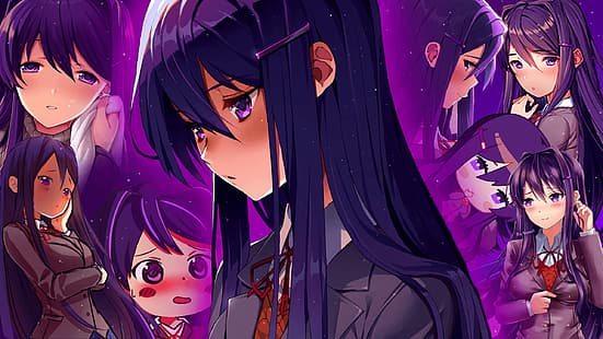 DDLC, Doki Doki Literature Club, capelli viola, Yuri (Doki Doki Literature Club), anime girls, Sfondo HD HD wallpaper
