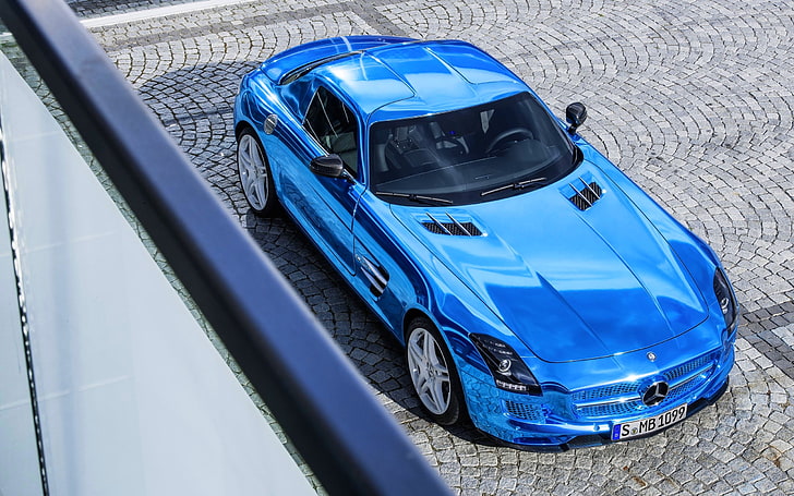 Mercedes-Benz, Blue, Machine, The hood, Pavers, AMG, Coupe, SLS, Supercar, The view from the top, HD wallpaper