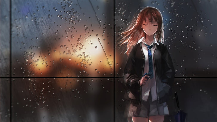brown-haired girl wearing jacket and earphones anime wallpaper, anime girls, rain, anime, schoolgirl, school uniform, long hair, headphones, HD wallpaper