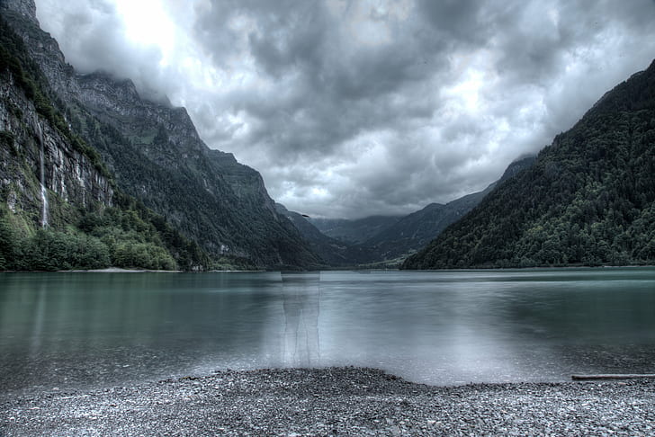 lake between the mountain during cloudy day, Klöntalersee, Creative Commons, lake, mountain, cloudy, day, klöntal, glarnerland, hdr, creative  commons, photography, wendelin, nature, landscape, water, scenics, outdoors, cloud - Sky, sky, reflection, mountain Range, no People, beauty In Nature, river, summer, HD wallpaper