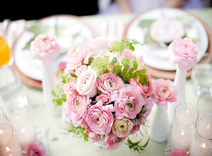 розови цветя, ranunkulyus, цветя, букет, мекота, композиция, полагане, свещи, романтика, HD тапет