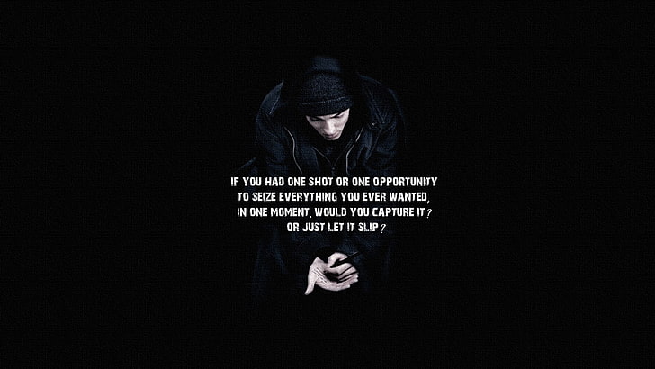 Тънък сенчест с наслагване на текст, Eminem, рап, хип-хоп, мотивация, текстове, типография, мъже, музика, HD тапет