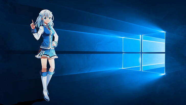 Madobe Touko, момиче в синя рокля, Windows 10 лого на системата, Madobe, Touko, Blue, Dress, Girl, Windows, 10, System, Logo, HD тапет