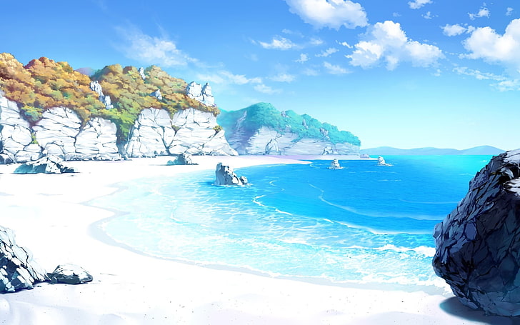 ilustração de corpo de água, corpo de água perto do penhasco durante o dia, desenho, paisagem, mar, praia, areia, céu, rocha, costa, trabalho artístico, nuvens, ciano, brilhante, HD papel de parede