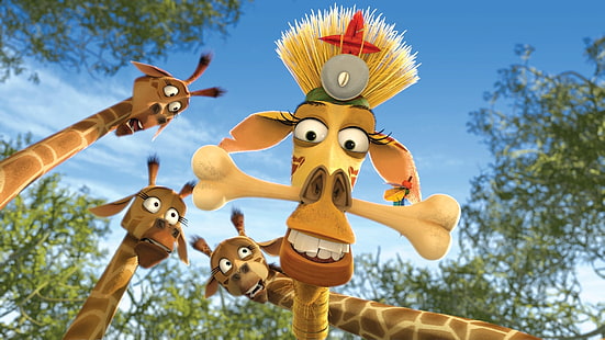 Мадагаскар Мелман, небето, карикатура, Мадагаскар, жирафи, Escape 2 Africa, Мелман, HD тапет HD wallpaper