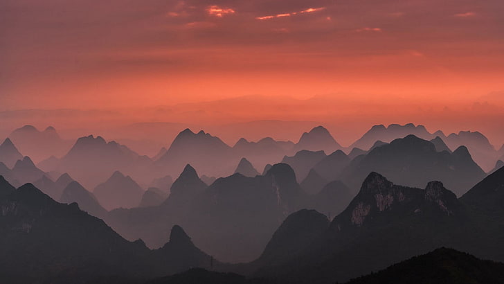силуэт горы во время заката, природа, пейзаж, горы, туман, розовый, небо, Гуйлинь, национальный парк, Китай, HD обои