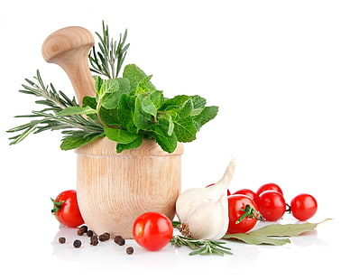 Vielzahl des Gemüses und des braunen Mörsers und der Stampfe, Gemüse, Kräuter, weißer Hintergrund, HD-Hintergrundbild HD wallpaper