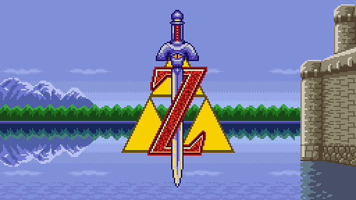 Fond d'écran numérique logo Zelda, The Legend of Zelda, jeux vidéo, Nintendo, pixels, jeux rétro, Master Sword, Fond d'écran HD