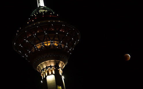 Иран, Милад, Луна, нощ, Техеран, кула, HD тапет HD wallpaper