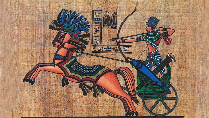 Ilustraciones de carro egipcio, animales, caballo, Egipto, antiguo, arquero, jeroglíficos, faraón, arco, flechas, textura, papiro, hombres, Fondo de pantalla HD