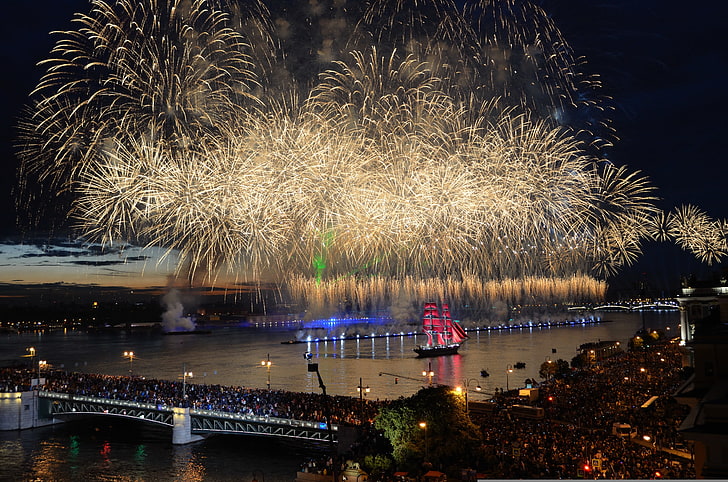 fireworks display, Saint Petersburg, brig, Fireworks, Scarlet sails, Tre Kronor, ShennikovSV, HD wallpaper