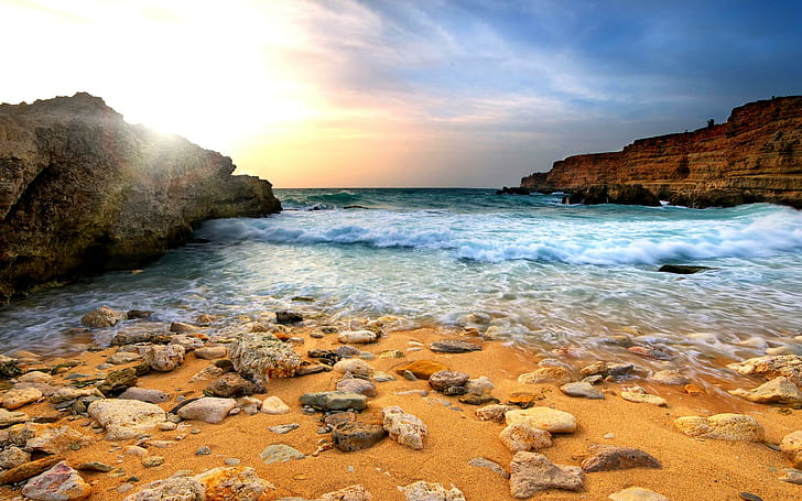 Ocean Waves, view, lovely, stones, rays, beautiful, sunset, rocks, peaceful, waves, ocean, colorful, sand, amazin, HD wallpaper