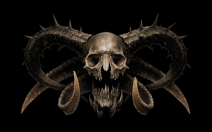 tengkorak abu-abu dengan wallpaper tanduk, seni digital, makhluk, tengkorak, tanduk, iblis, taring, gigi, setan, latar belakang hitam, kematian, seram, horor, Wallpaper HD