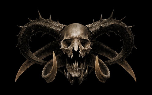 fondo de pantalla de cráneo gris con cuernos, arte digital, criatura, cráneo, cuernos, demonio, colmillos, dientes, demonios, fondo negro, muerte, escalofriante, horror, Fondo de pantalla HD HD wallpaper