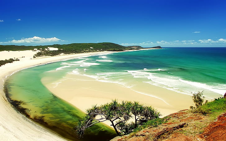 landscape, tropical, coast, sea, beach, waves, sand, island, HD wallpaper