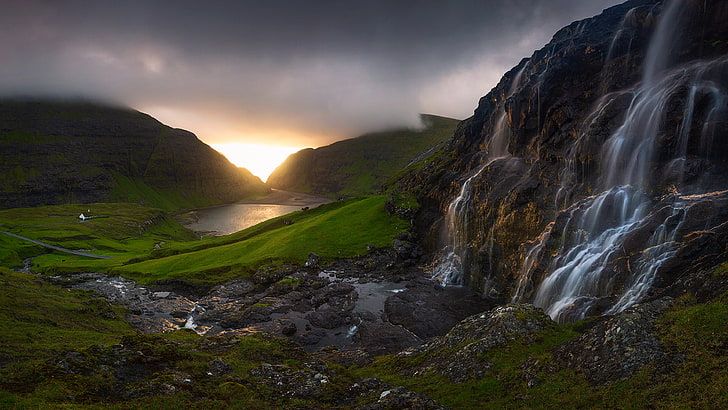 Färöer Wasserfall Bei Sonnenuntergang Insel Land Panorama Desktop-Hintergründe Hd Für Laptop Handys Und Fernseher 3840 × 2400, HD-Hintergrundbild