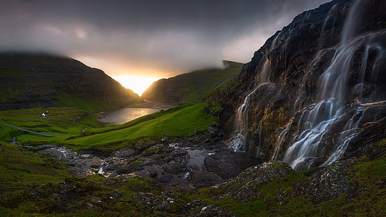 Faroe Islands Waterfall At Sunset Island Country Panorama Desktop Wallpaper Hd For Laptop Mobile Phones And Tv 3840×2400, HD wallpaper HD wallpaper