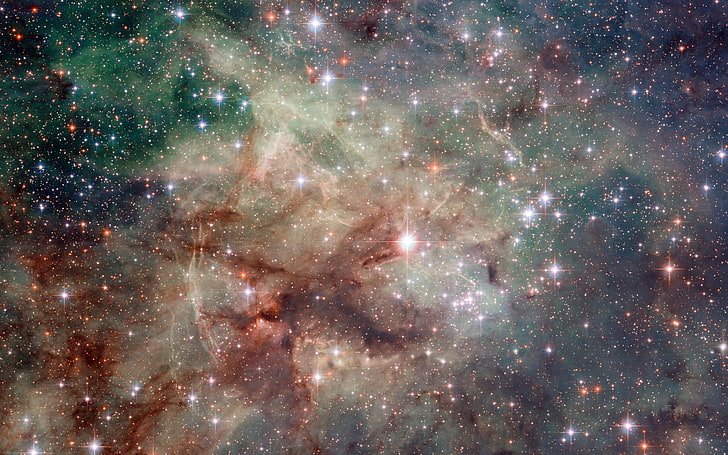 nebulosa spaziale verde e marrone, spazio, stelle, nebulosa tarantola, Sfondo HD