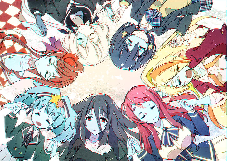 Zombieland Saga, аниме момичета, дълга коса, 2D, училищна униформа, японско кимоно, къса коса, руса коса, черна коса, червенокоса, синя коса, сива коса, Zombie 1 / Sakura Minamoto, Zombie 3 / Ai Mizuno, Zombie 4 / Junko Konno, Zombie 0 / Tae Yamada, Zombie 6 / Lily Hoshikawa, Zombie 5 / Yugiri, Zombie 2 / Saki Nikaidou, бледо, чудовищно момиче, затворени очи, HD тапет