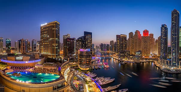  building, Bay, yachts, pool, panorama, Dubai, night city, skyscrapers, UAE, Dubai Marina, HD wallpaper HD wallpaper
