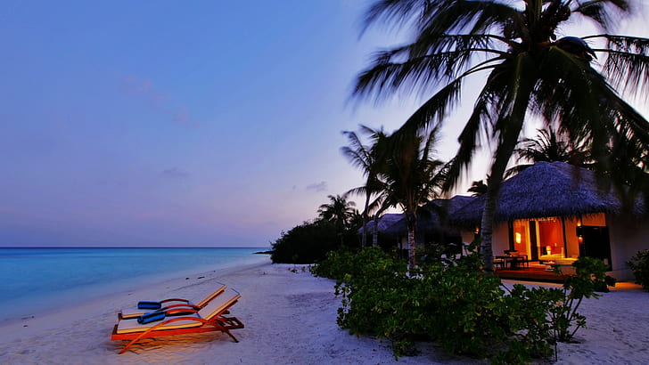 Курортный отель Tropical Hut Ocean Beach Chairs HD, природа, океан, пляж, тропический, хижина, курорт, отель, стулья, HD обои