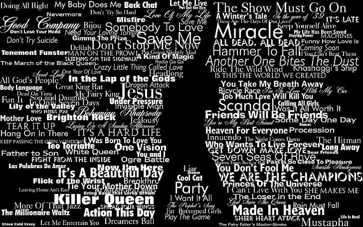 typography, Queen, Freddie Mercury, silhouette, rock music, pop music, popculture, mixed fonts, lyrics, black background, HD wallpaper