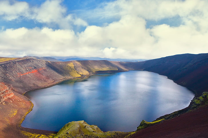 body of water surrounded by mountain painting, the sky, clouds, lake, the volcano, Iceland, Island, HD wallpaper