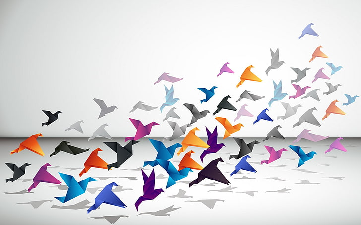 lote de decoración de pájaros de papel multicolor, papel, pájaros, minimalismo, origami, grullas de papel, Fondo de pantalla HD