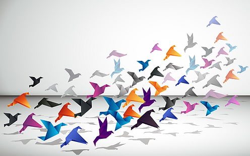 lote de decoración de pájaros de papel multicolor, papel, pájaros, minimalismo, origami, grullas de papel, Fondo de pantalla HD HD wallpaper