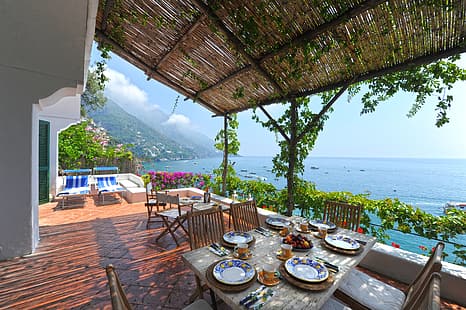 meja, Vila, Surga, balkon, Italia, campania, pantai Amalfi, pantai amalfi, Wallpaper HD HD wallpaper