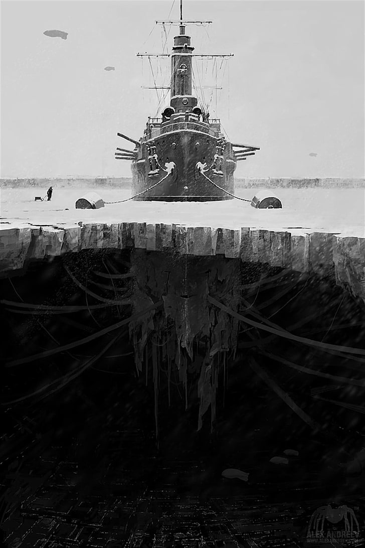 grayscale photography of ship, surreal, artwork, concept art, Alexey Andreev, portrait display, HD wallpaper