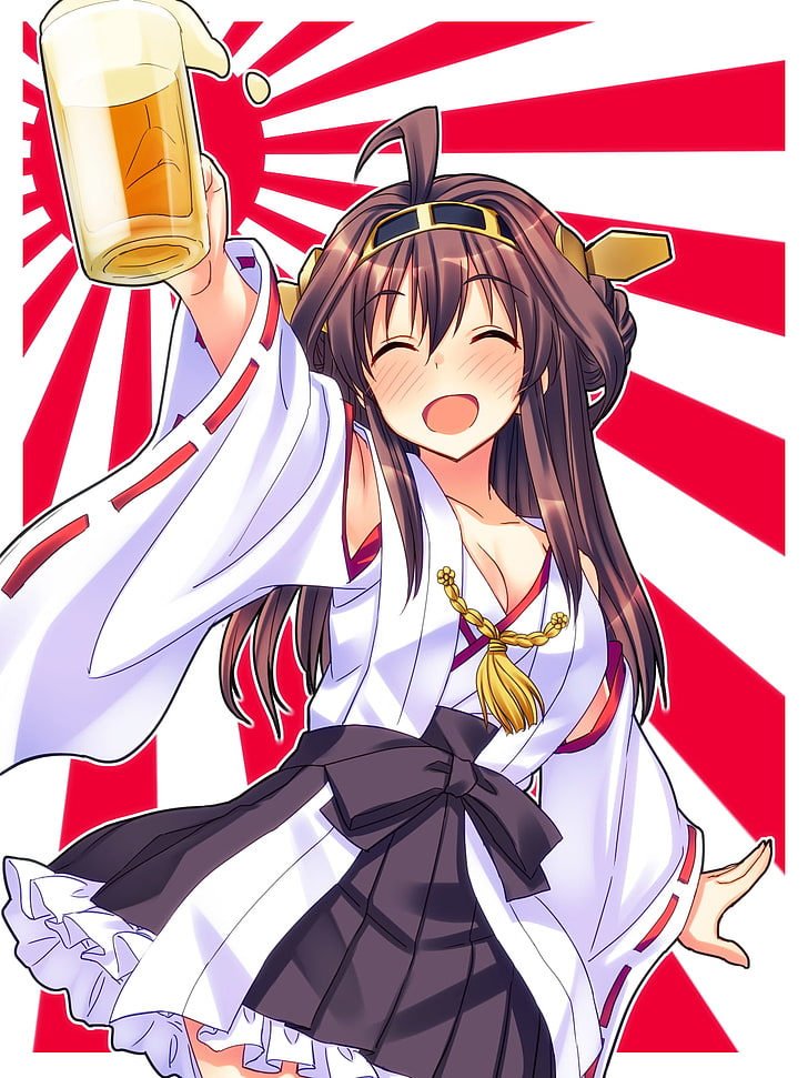Anime Mädchen, Anime, Kantai Collection, Kongou (KanColle), Bier, HD-Hintergrundbild, Handy-Hintergrundbild
