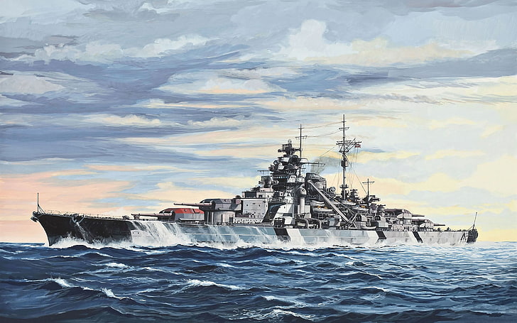 weiße Schlachtschiff Illustration, Schlachtschiff, Bismarck (Schiff), Kriegsschiff, Schlachtschiffe, Malerei, Schiff, Kunstwerk, Militär, HD-Hintergrundbild