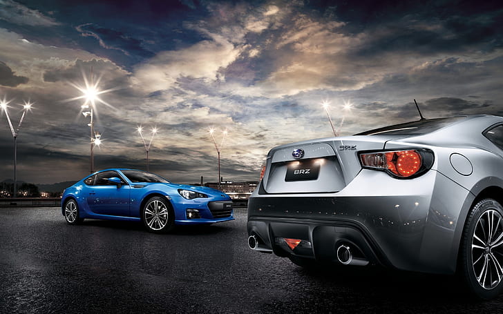 Subaru BRZ, tory wyścigowe, zachód słońca, chmury, pojazd, samochód, światła, przedni kąt widzenia, Toyobaru, Subaru, Tapety HD