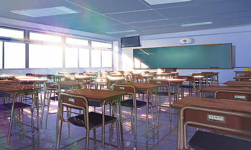 อะนิเมะ, ต้นฉบับ, เก้าอี้, ห้องเรียน, แสงแดด, โต๊ะ, วอลล์เปเปอร์ HD HD wallpaper