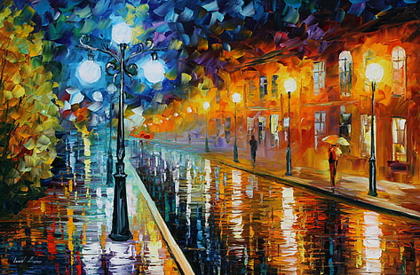 people walking on street painting, road, umbrella, people, home, lantern, weather, Leonid Afremov, rainy, HD wallpaper HD wallpaper