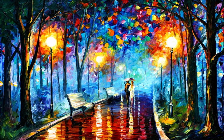 painting of couple walking along pathway, painting, park, Leonid Afremov, street light, bench, couple, artwork, HD wallpaper