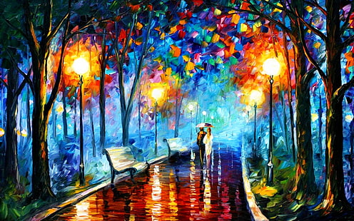 pittura di coppia che cammina lungo il sentiero, pittura, parco, Leonid Afremov, lampione, panchina, coppia, opera d'arte, Sfondo HD HD wallpaper