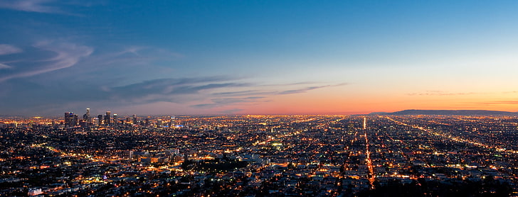 cityscape photo, panorama, Los Angeles, evening lights, HD wallpaper