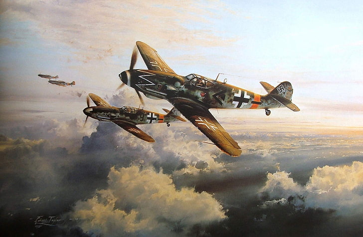 Messerschmitt, Messerschmitt Bf-109, II wojna światowa, Niemcy, samoloty wojskowe, Luftwaffe, ilustracja, swastyka, chmury, Tapety HD