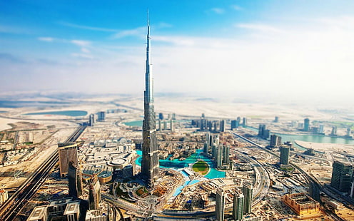 Burj Khalifa, Dubaj, bez tytułu, pejzaż miejski, fotografia, miasto, budynek, Burj Khalifa, Dubaj, tilt shift, Tapety HD HD wallpaper