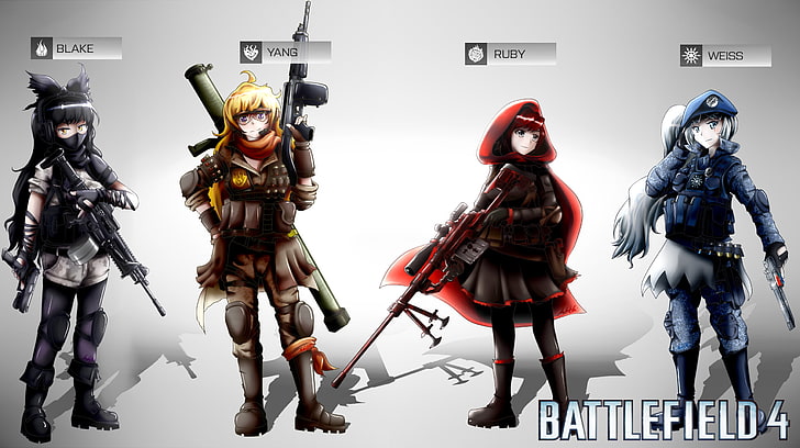 Wallapper Battlefield 4, RWBY, Blake Belladonna, Weiss Schnee, Yang Xiao Long, Ruby Rose (ตัวละคร), สาวการ์ตูน, Battlefield, Battlefield 4, วอลล์เปเปอร์ HD