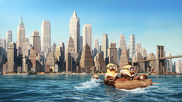 Minions riding boat illustration, minions, humor, HD wallpaper