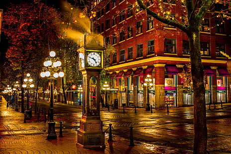 rua, o edifício, relógio, Canadá, luzes, Vancouver, cidade noturna, Colúmbia Britânica, HD papel de parede HD wallpaper