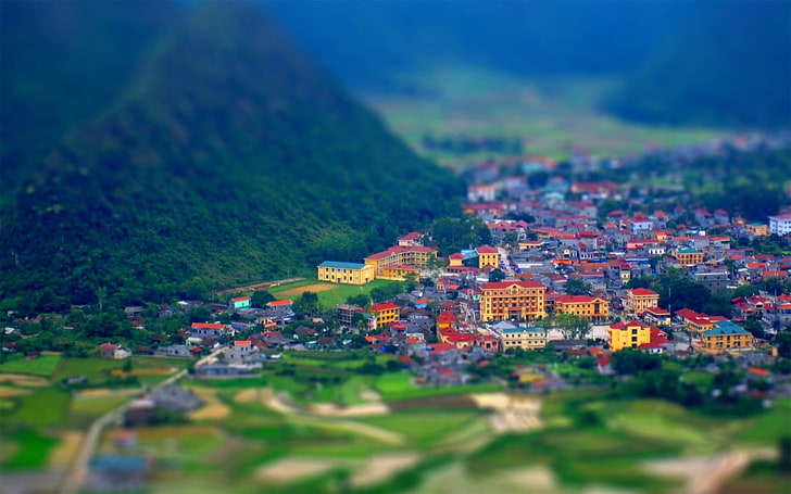 assorted-color houses, photography of assorted-color building near mountain, tilt shift, town, cityscape, hills, HD wallpaper