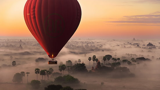 hot air ballooning, hot air balloon, sky, morning, sunrise, dawn, burma, atmosphere, landscape, flight, cloud, asia, myanmar, HD wallpaper HD wallpaper