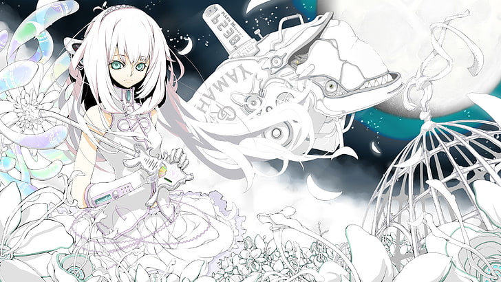 tekstil cetak bunga putih dan hitam, anime, paus, putih, rambut putih, mata aqua, Vocaloid, Megurine Luka, Wallpaper HD